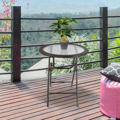 Table De Camping Pliante Ronde, Diamètre 68 Cm, Avec Bords En Rotin Et Cadre En Acier Robuste