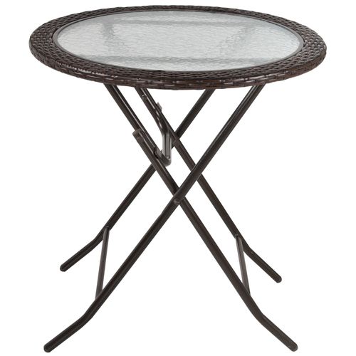 Table De Camping Pliante Ronde, Diamètre 68 Cm, Avec Bords En Rotin Et Cadre En Acier Robuste