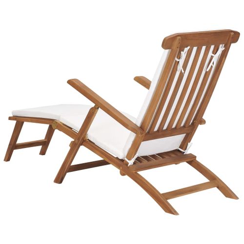 Chaise Longue - Transat Avec Coussin Blanc Crème Bois De Teck Solide