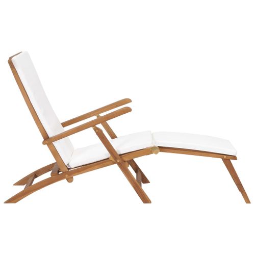 Chaise Longue - Transat Avec Coussin Blanc Crème Bois De Teck Solide