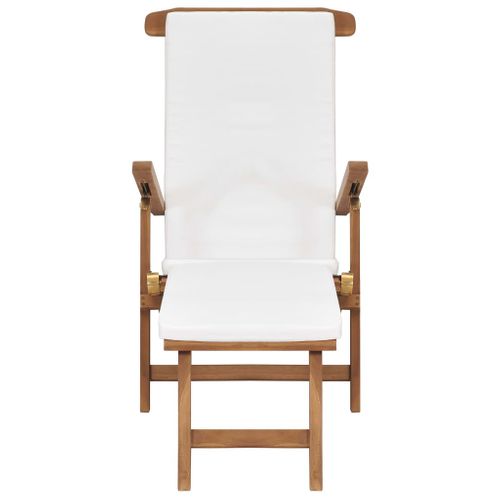 Chaise Longue - Transat Avec Coussin Blanc Crème Bois De Teck Solide