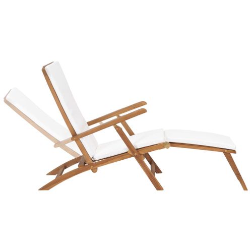 Chaise Longue - Transat Avec Coussin Blanc Crème Bois De Teck Solide