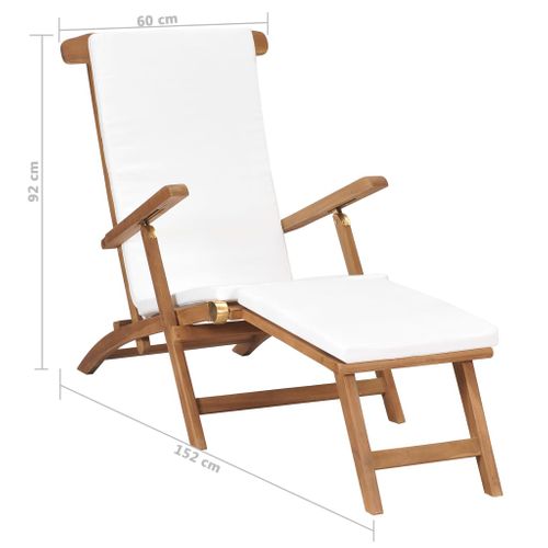 Chaise Longue - Transat Avec Coussin Blanc Crème Bois De Teck Solide