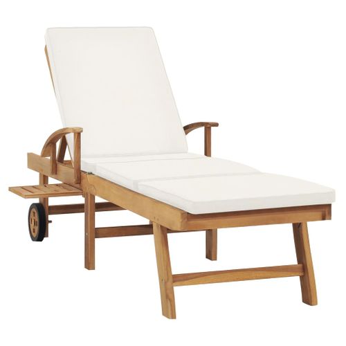 Chaise Longue - Transat Avec Coussin Bois De Teck Solide Crème