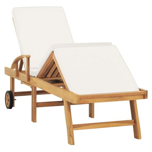 Chaise Longue - Transat Avec Coussin Bois De Teck Solide Crème