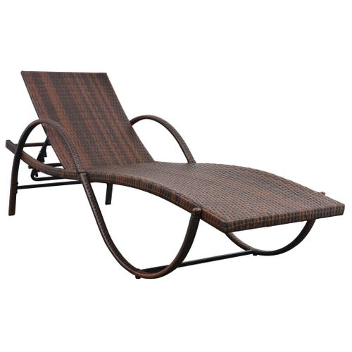 Chaise Longue, Transat, Bain De Soleil Avec Coussin Et Table Résine Tressée Marron