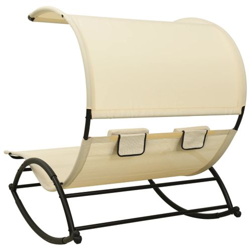Chaise Longue 2 Places - Transat - Bain De Soleil Double Avec Auvent Textilène Crème