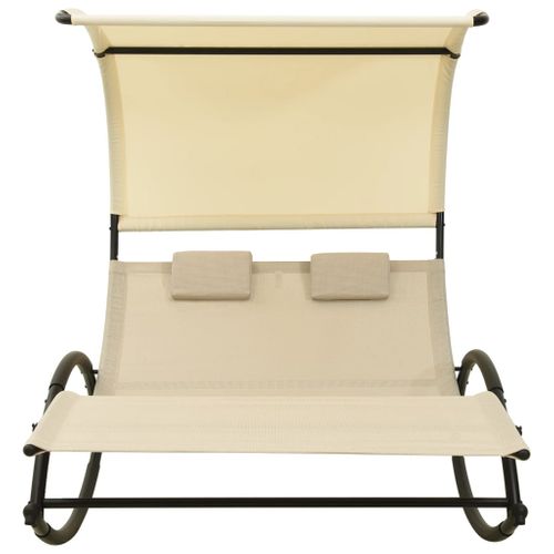 Chaise Longue 2 Places - Transat - Bain De Soleil Double Avec Auvent Textilène Crème