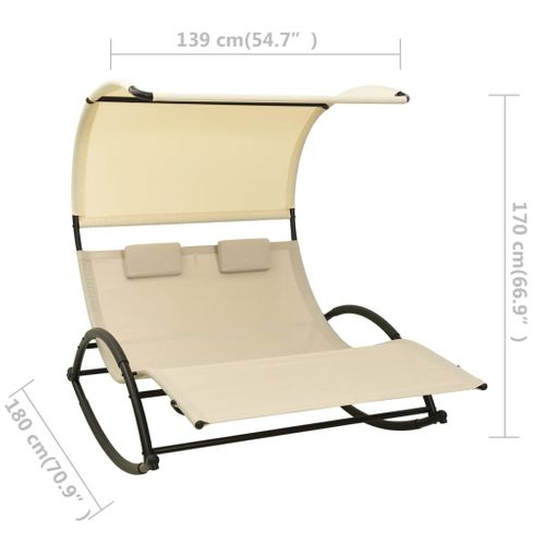 Chaise Longue 2 Places - Transat - Bain De Soleil Double Avec Auvent Textilène Crème