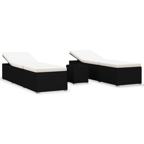 3 Pièces Transats - Bain De Soleil Avec Table à Thé Résine Tressée Noir