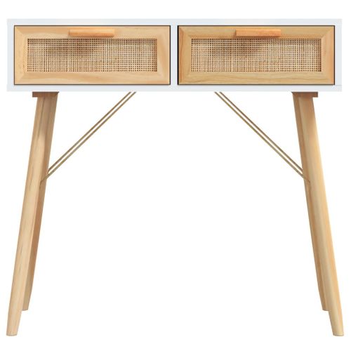 Table Console - Table D'entrée Blanc 80x30x75 Cm Bois Massif Pin /rotin Naturel