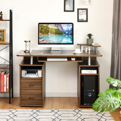 Bureau Informatique Moderne Avec Support Et Nombreux Rangements Tablettes Mdf 120x55x85cm Noyer