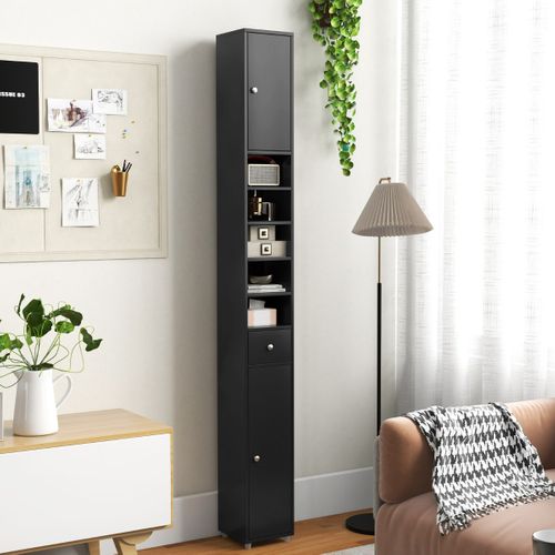 Colonne, Meuble De Rangement Avec 2 Porte 1 Tiroir Et 5 Étagères Réglables 20x20x180cm Noir