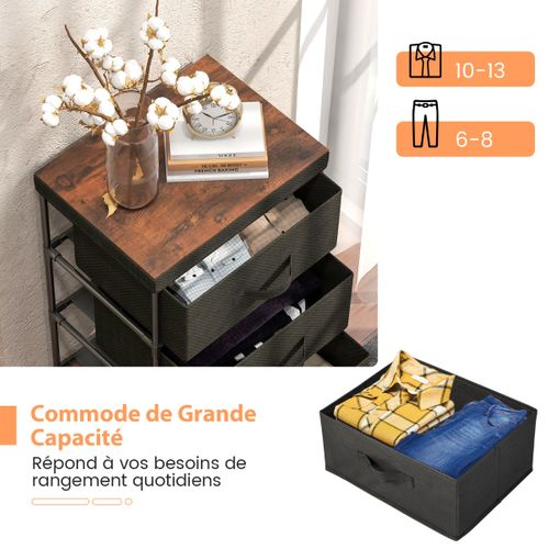 Commode Meuble De Rangement 3 Tiroirs En Tissu 40x30x62cm Métal Pour Chambre Industriel Café