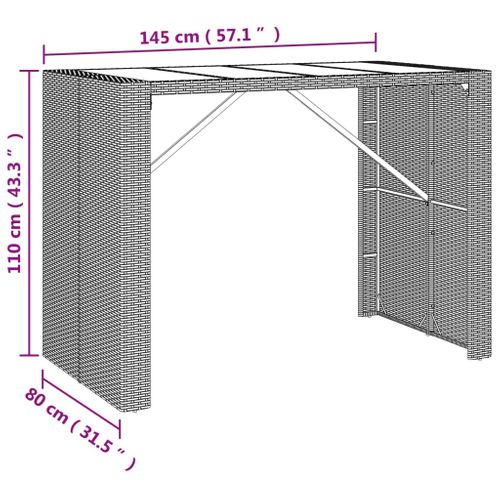Table De Bar - Table Haute - Table à Manger Et Dessus En Verre Gris 145x80x110 Cm Poly Rotin