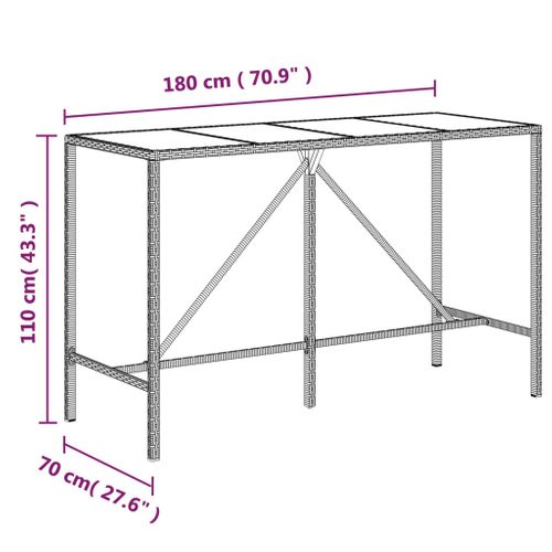 Table De Bar - Table Haute - Table à Manger Et Dessus En Verre Noir 180x70x110 Cm Poly Rotin