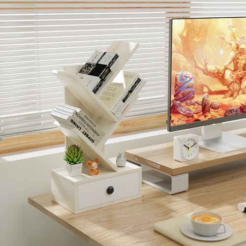 Bibliothèque - Étagère Arbre 60cm 5 Niveaux Avec Tiroir Pour Bureau Salon Chambre Beige