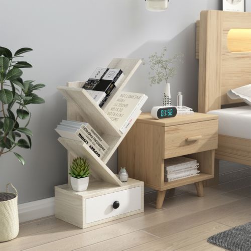 Bibliothèque - Étagère Arbre 60cm 5 Niveaux Avec Tiroir Pour Bureau Salon Chambre Beige