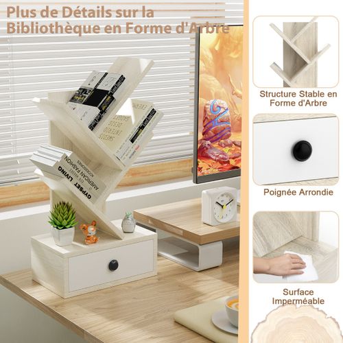 Bibliothèque - Étagère Arbre 60cm 5 Niveaux Avec Tiroir Pour Bureau Salon Chambre Beige