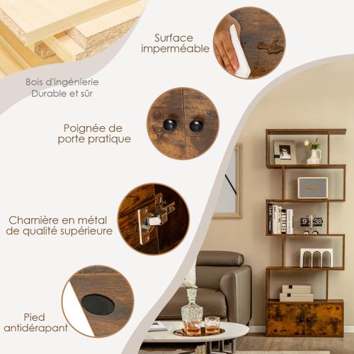 Bibliothèque, Étagère Échelle à 6 Niveaux Avec 2 Portes 70x23x183cm Moderne Bois Marron Rustique