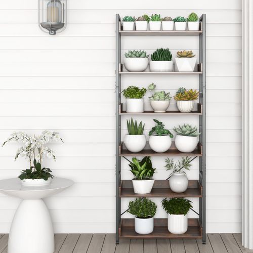 Étagère Industrielle 6 Niveaux 4 Crochets Anti-basculement Pieds Réglables Marron Rustique