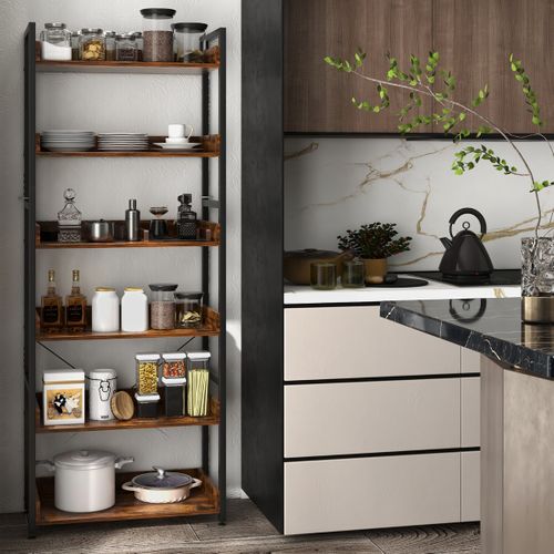 Étagère Industrielle 6 Niveaux 4 Crochets Anti-basculement Pieds Réglables Marron Rustique