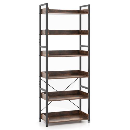 Étagère Industrielle 6 Niveaux 4 Crochets Anti-basculement Pieds Réglables Marron Rustique