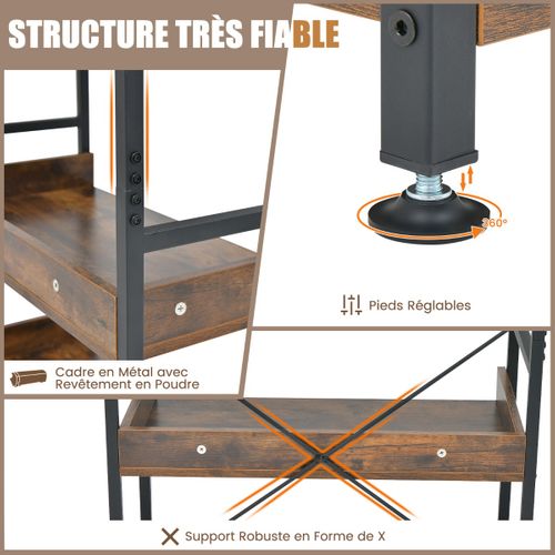 Étagère Industrielle 6 Niveaux 4 Crochets Anti-basculement Pieds Réglables Marron Rustique