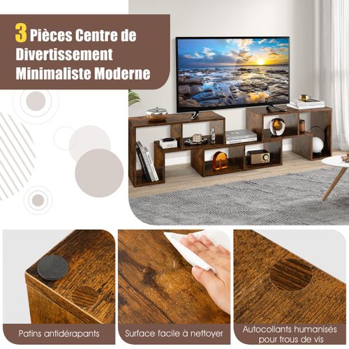 3 Pièces Meuble TV Banc TV 140x30,5x43cm Combination Libre Pour Salon Chambre Bureau Mdf Café