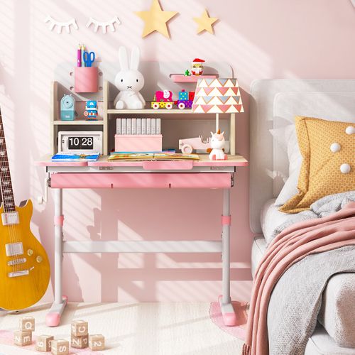 Bureau D'etude Enfants Table D'ecriture Réglable Hauteur Plateau Inclinable 80x51x88-110,5cm Rose