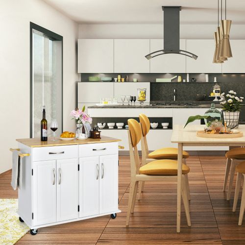 Chariot De Cuisine - Desserte à Roulettes 2 Tiroirs Étagères Réglables 122x48x93 Cm Blanc