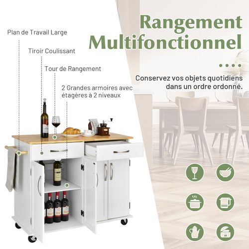 Chariot De Cuisine - Desserte à Roulettes 2 Tiroirs Étagères Réglables 122x48x93 Cm Blanc