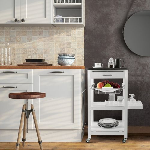 Desserte, Chariot De Cuisine Sur Roues Avec Comptoir Et Tiroir Coulissant 47x39x85cm Blanc