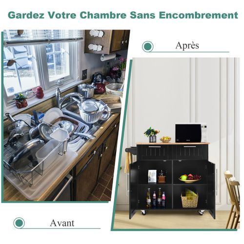 Chariot De Cuisine, Desserte à Roulettes, Ilot De Cuisine Avec Porte-serviettes 94x45x94,5 Cm Noir