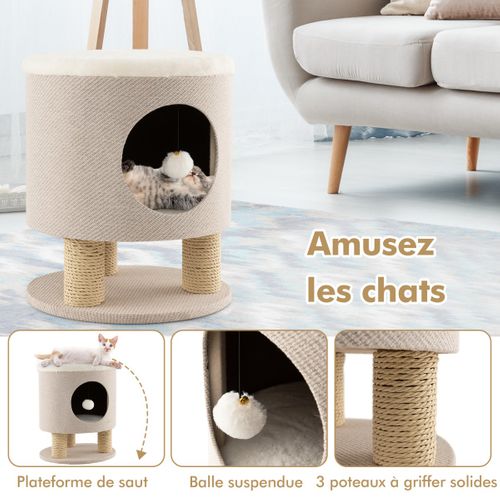 Arbre à Chat, Tour De Jeux Pour Chats Avec Condo Et Poteaux Griffoir Et Balle 40x40x47 Cm Beige