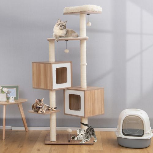 Arbre à Chat En Bois 163 Cm Avec 3 Plateformes Griffoirs Perchoir Coussins Lavables Naturel