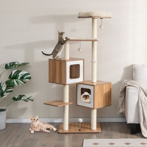 Arbre à Chat En Bois 163 Cm Avec 3 Plateformes Griffoirs Perchoir Coussins Lavables Naturel