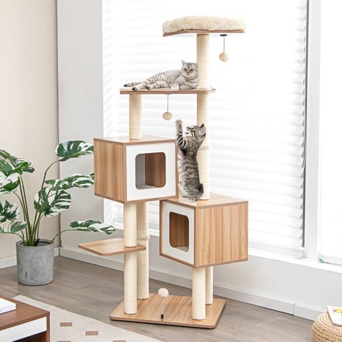 Arbre à Chat En Bois 163 Cm Avec 3 Plateformes Griffoirs Perchoir Coussins Lavables Naturel