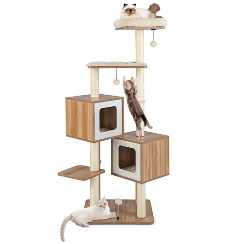 Arbre à Chat En Bois 163 Cm Avec 3 Plateformes Griffoirs Perchoir Coussins Lavables Naturel