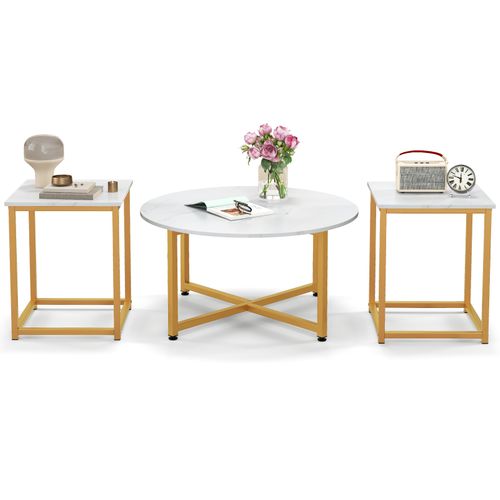 Ensemble 3 Pièces De Tables Basses Ronde Et 2 Tables D'appoint Carrées Cadre En Métal Robuste Blanc