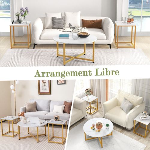 Ensemble 3 Pièces De Tables Basses Ronde Et 2 Tables D'appoint Carrées Cadre En Métal Robuste Blanc