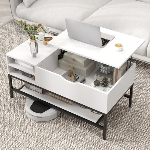Table Basse - Table De Salon à Plateau Relevable Avec Etagère Amovible 100x49,5x47,5cm Blanc