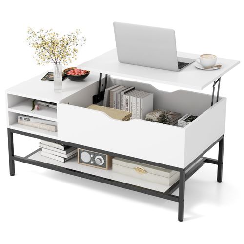 Table Basse - Table De Salon à Plateau Relevable Avec Etagère Amovible 100x49,5x47,5cm Blanc