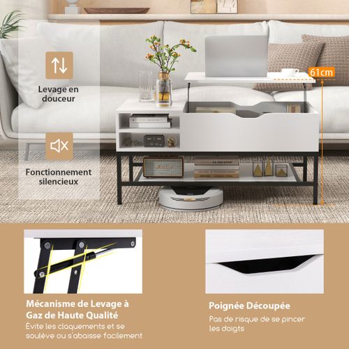 Table Basse - Table De Salon à Plateau Relevable Avec Etagère Amovible 100x49,5x47,5cm Blanc