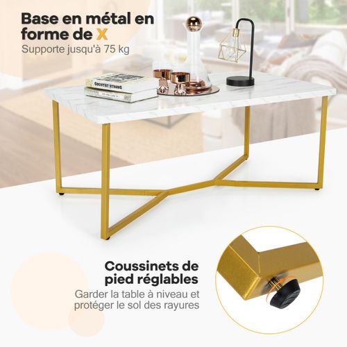 Table Basse - Table De Salon Moderne Piètement Métal Doré Avec Patins Ajustables 107x60x45,5cm