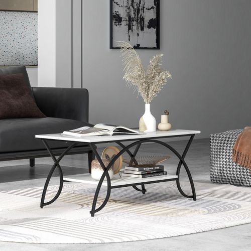 Table Basse - Table De Salon Moderne Rectangulaire à 2 Niveaux Structure En Métal Pour Salon Blanc