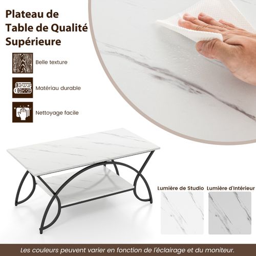 Table Basse - Table De Salon Moderne Rectangulaire à 2 Niveaux Structure En Métal Pour Salon Blanc