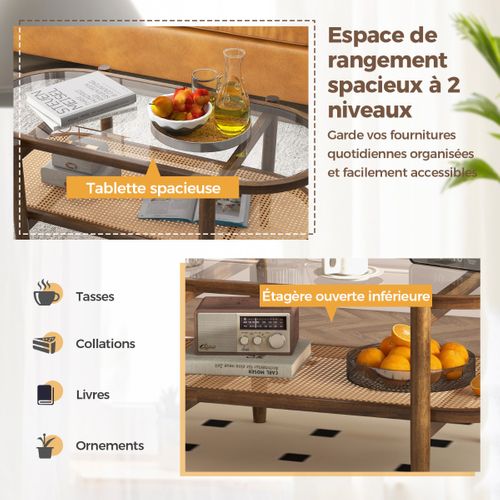 Table Basse - Table De Salon Ovale à 2 Niveaux Avec Étagère Ouverte Verre 102x56x47cm Marron