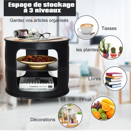 Table Basse - Table De Salon Ronde Industriel Avec Etagères à 3 Niveaux 50x50x41,5cm Noir