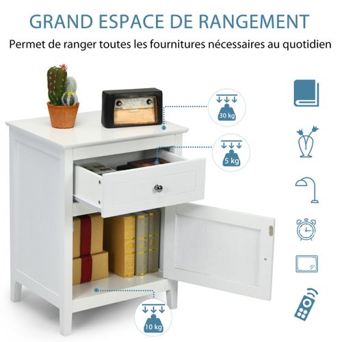 Lot De 2 Tables De Chevet - Tables De Nuit Avec Tiroir Et Grand Placard 48x38x63,5 Cm Blanc